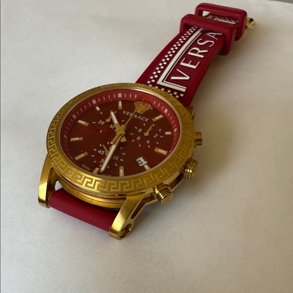 Versace Women’s Burgundy Gold Logo Watch | Authentic Designer Timepiece